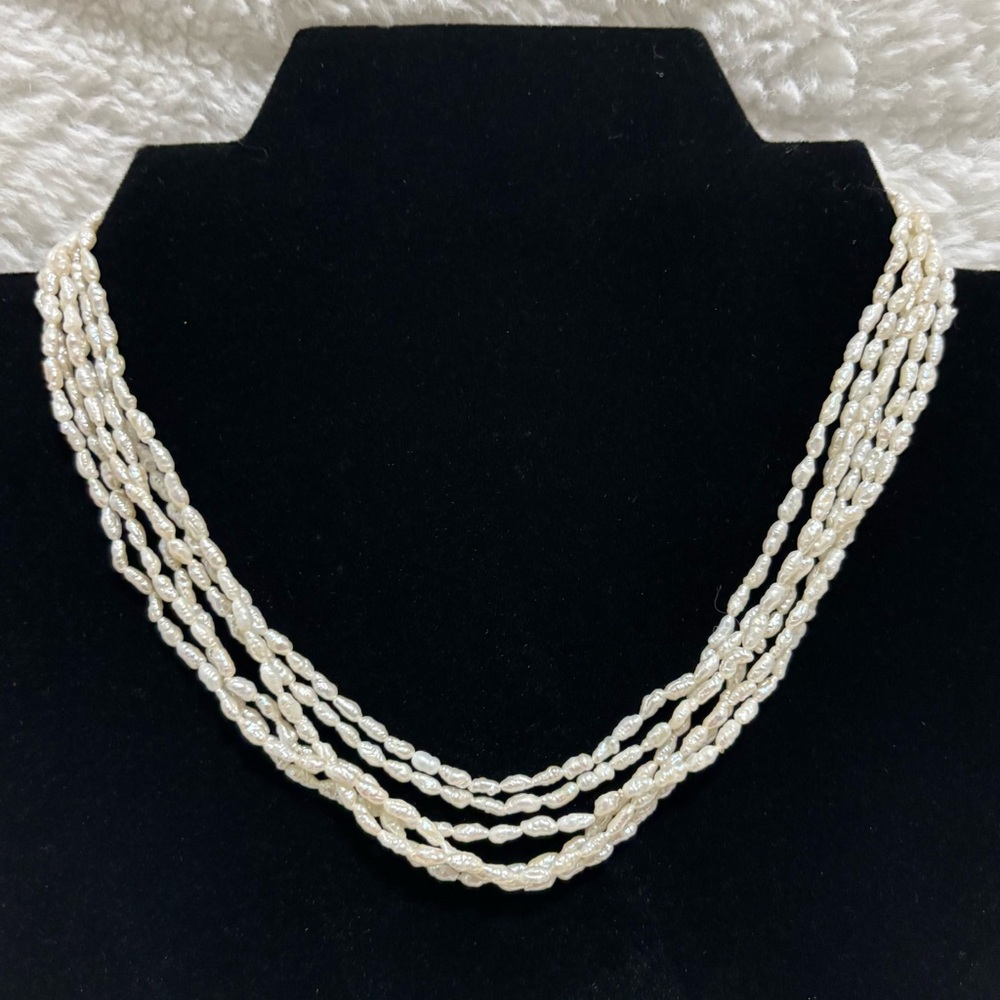 Multi-Strand Freshwater rice pearl necklace gold-plated clasp 15” 30”